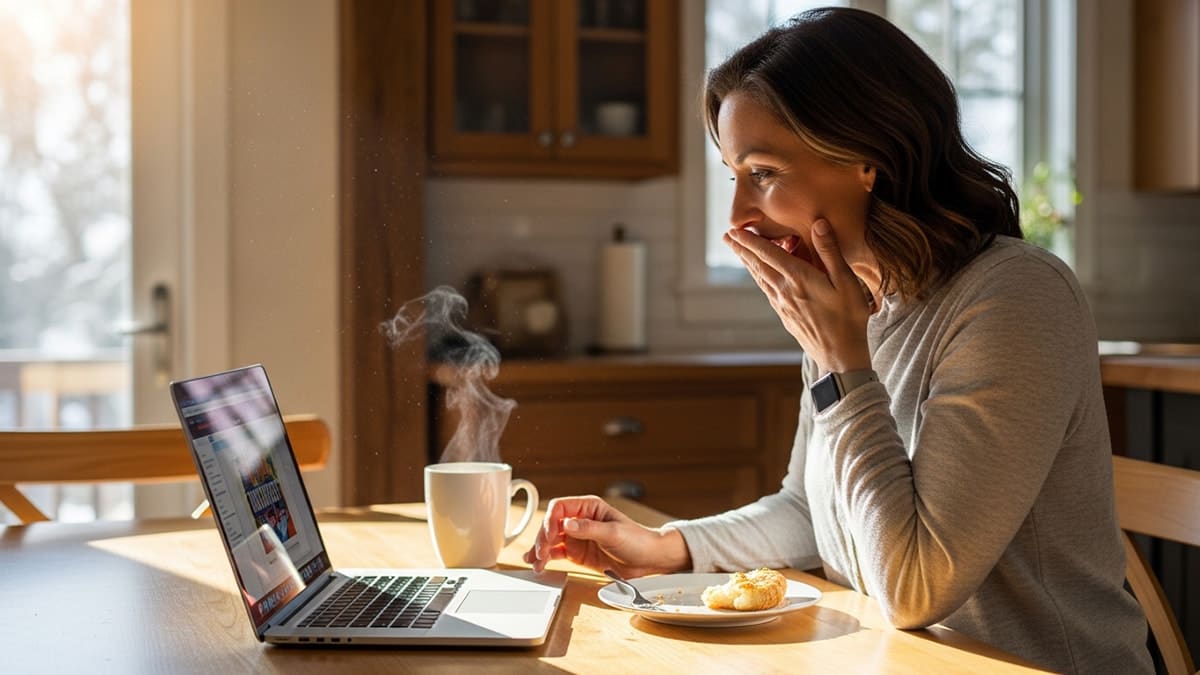 Pmh lottery winner discovering results on laptop at kitchen table with coffee and morning light